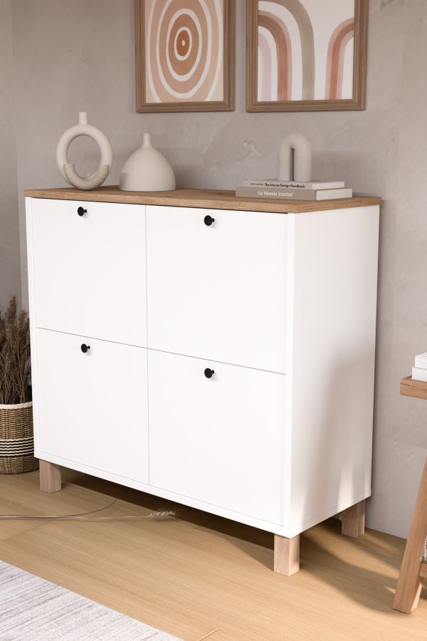 Nord Ayakkabılık Çok Amaçlı Dolap 4 Kapaklı Ahşap Ayaklı Sepet-Beyaz ND1-SW