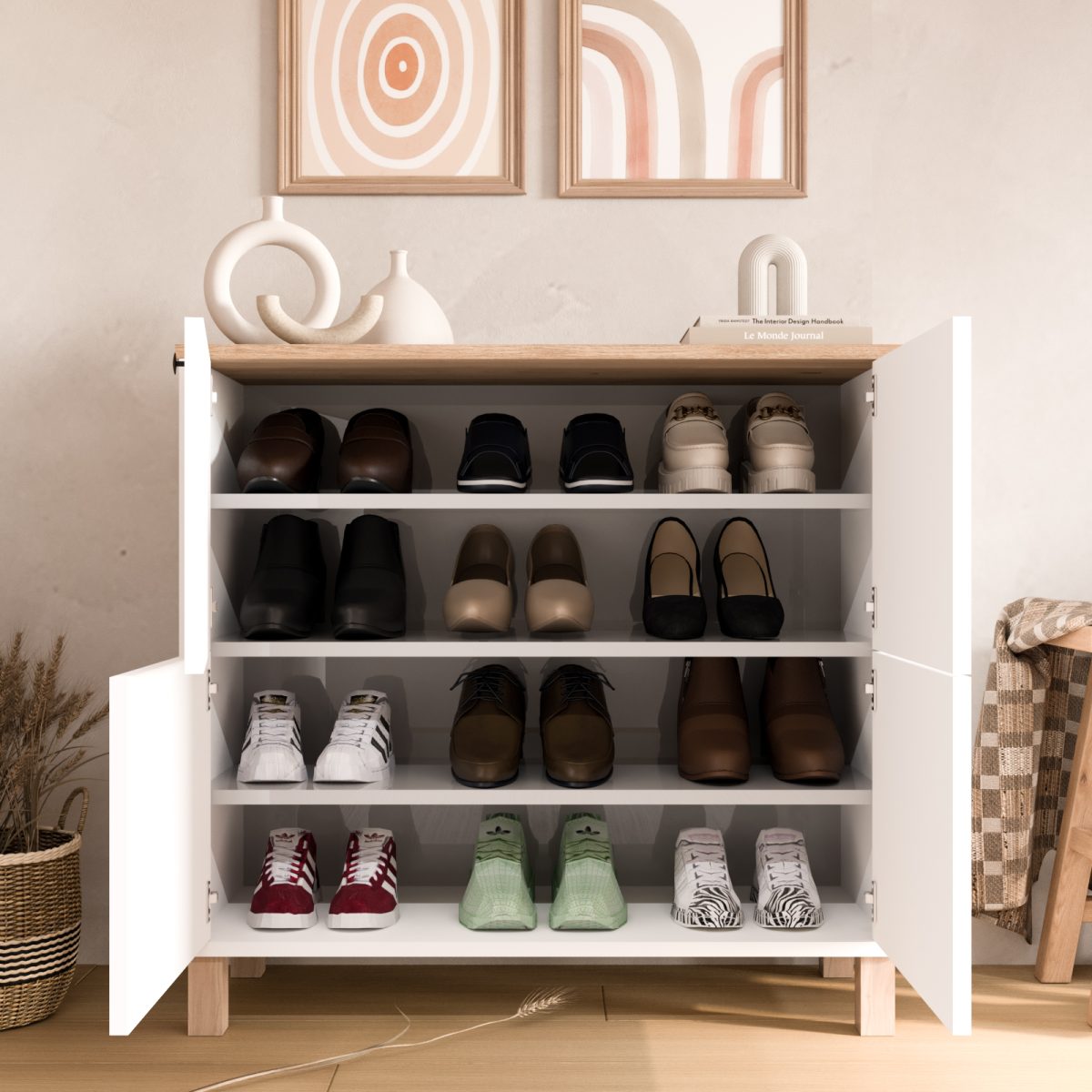 Nord Ayakkabılık Çok Amaçlı Dolap 4 Kapaklı Ahşap Ayaklı Sepet-Beyaz ND1-SW