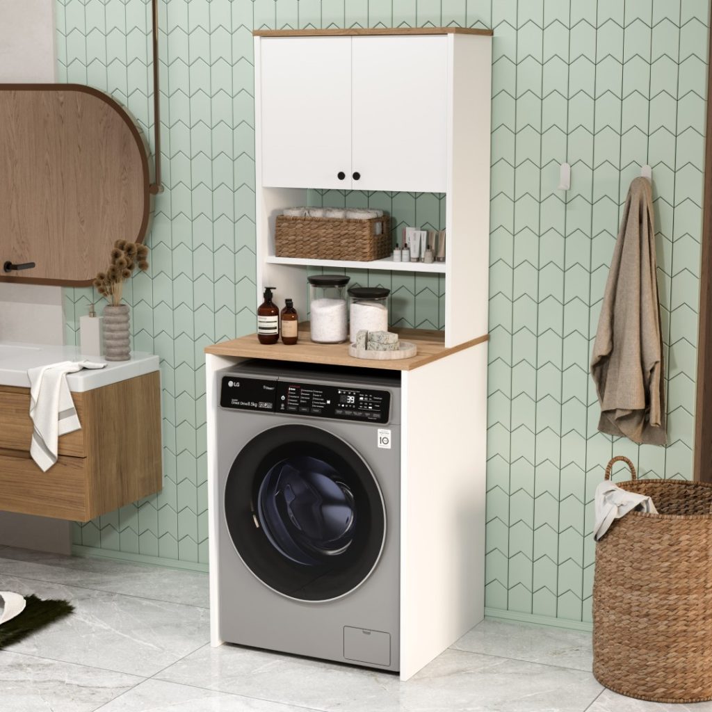 Nord Çamaşır Makinesi Dolabı 2 Kapaklı Raflı Sepet-Beyaz ND11-SW