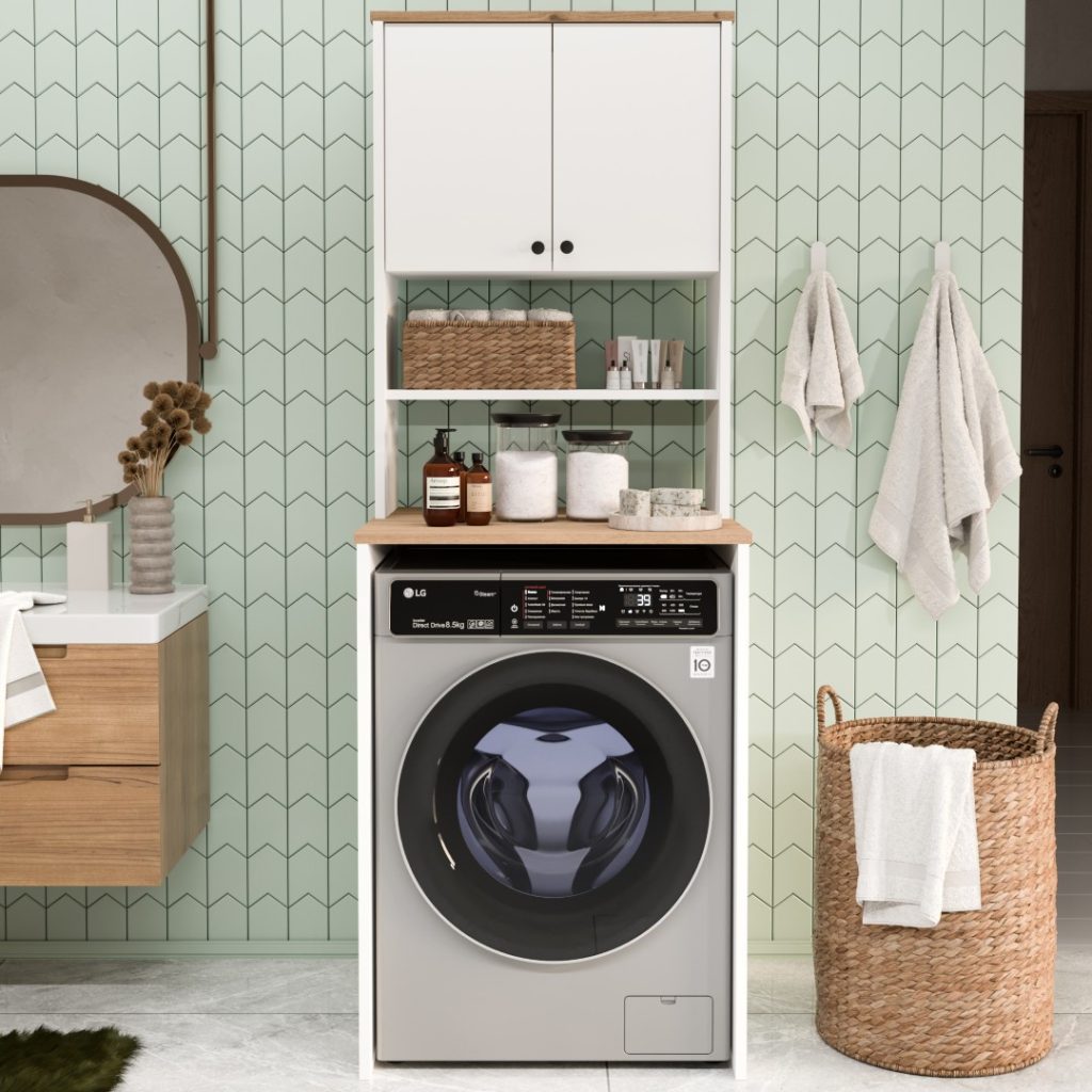 Nord Çamaşır Makinesi Dolabı 2 Kapaklı Raflı Sepet-Beyaz ND11-SW