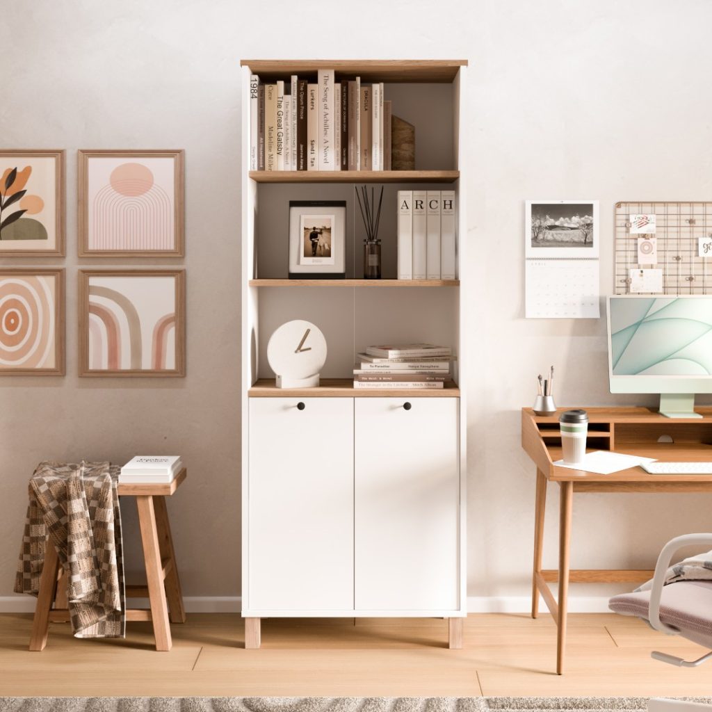 Nord Kitaplık Raf Ahşap Ayaklı 180cm Kapaklı Sepet-Beyaz-Jüt ND13-SW