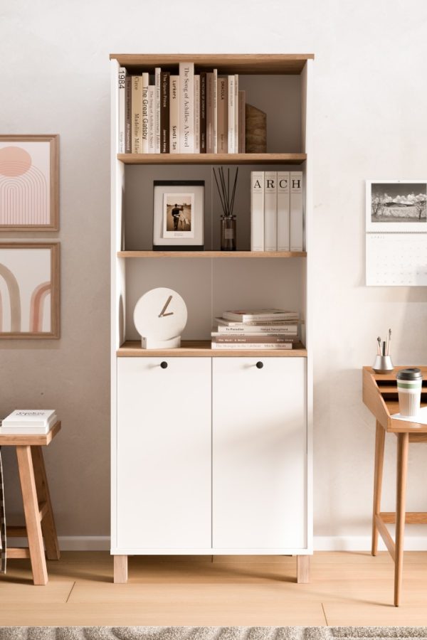 Nord Kitaplık Raf Ahşap Ayaklı 180cm Kapaklı Sepet-Beyaz-Jüt ND13-SW