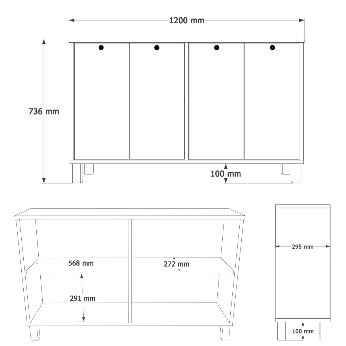 Nord Konsol 4 Kapaklı Ahşap Ayaklı 120cm Sepet-Beyaz ND2-SW