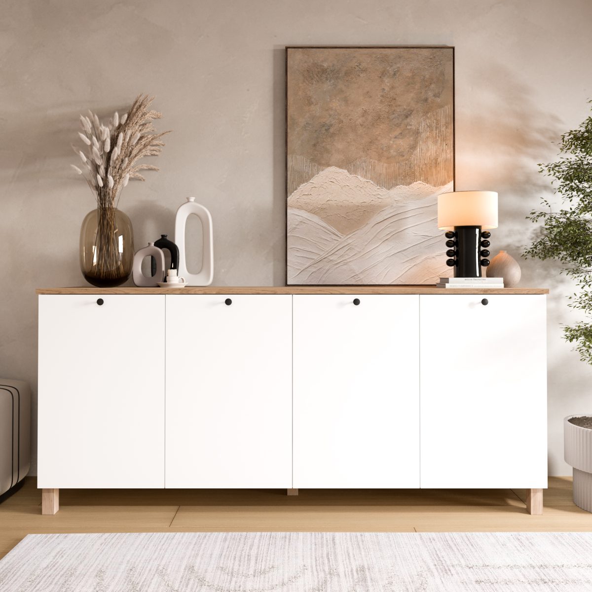 Nord Konsol 4 Kapaklı Ahşap Ayaklı 180cm Sepet-Beyaz ND4-SW