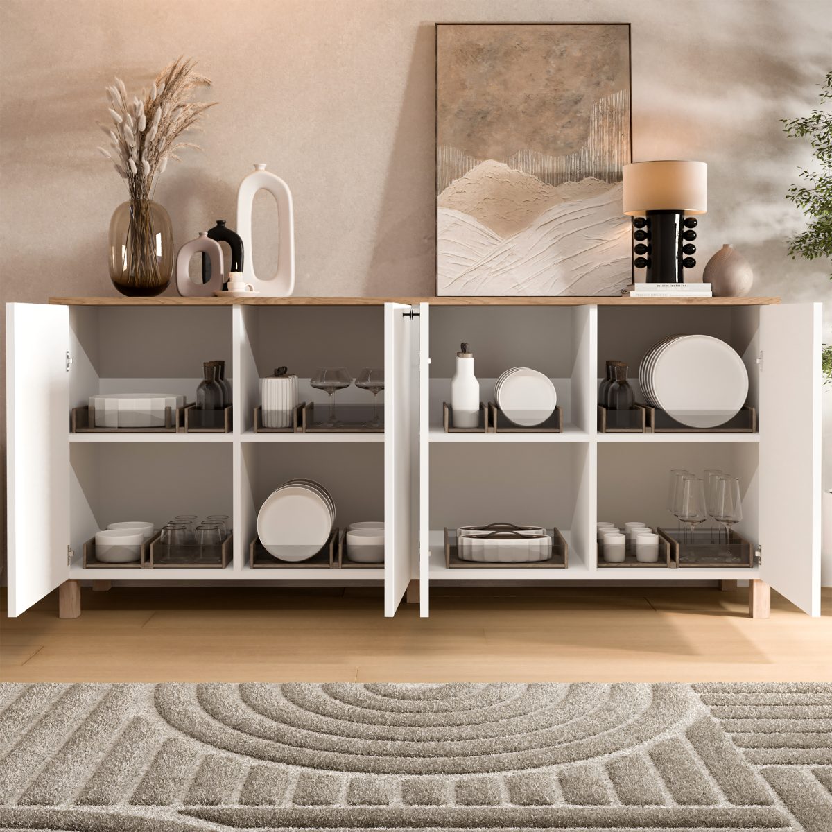 Nord Konsol 4 Kapaklı Ahşap Ayaklı 180cm Sepet-Beyaz ND4-SW