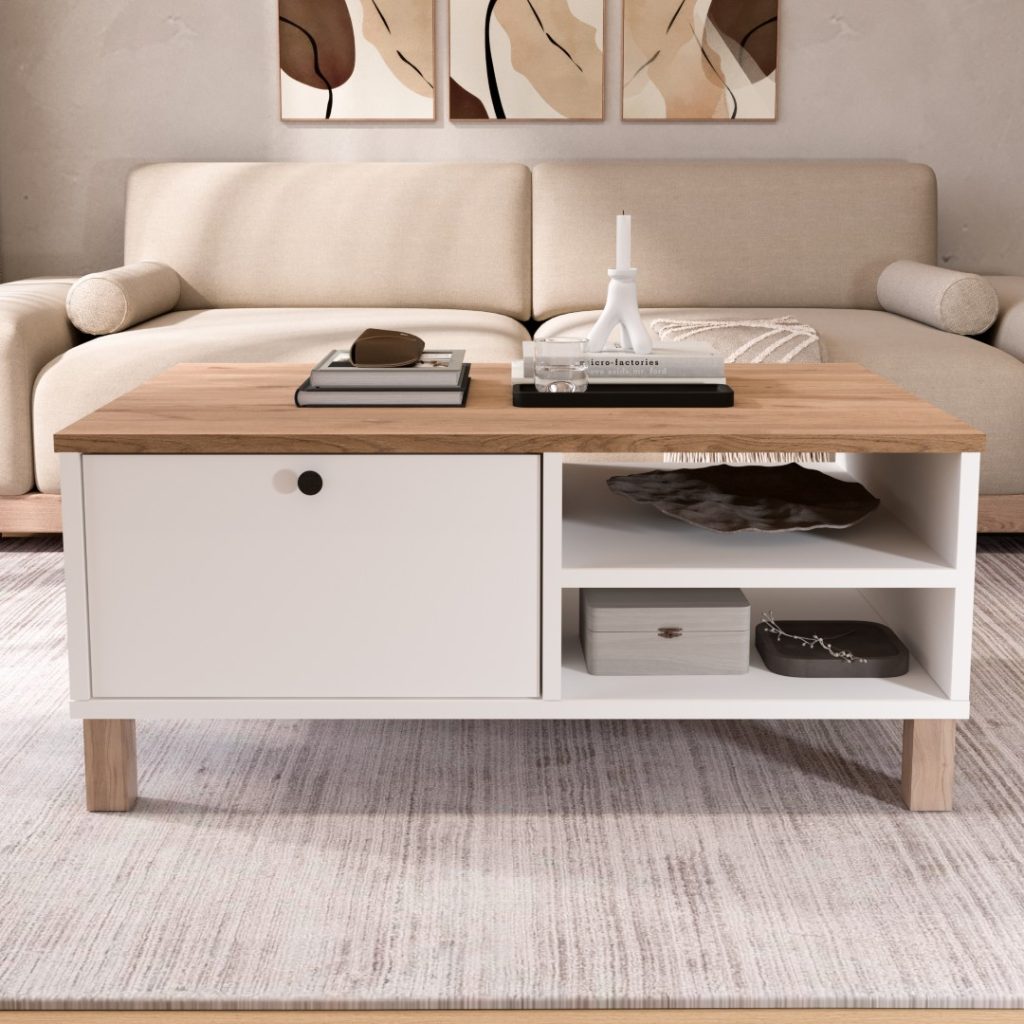 Nord Orta Sehpa Ahşap Ayaklı Kapaklı Sepet-Beyaz ND8-SW