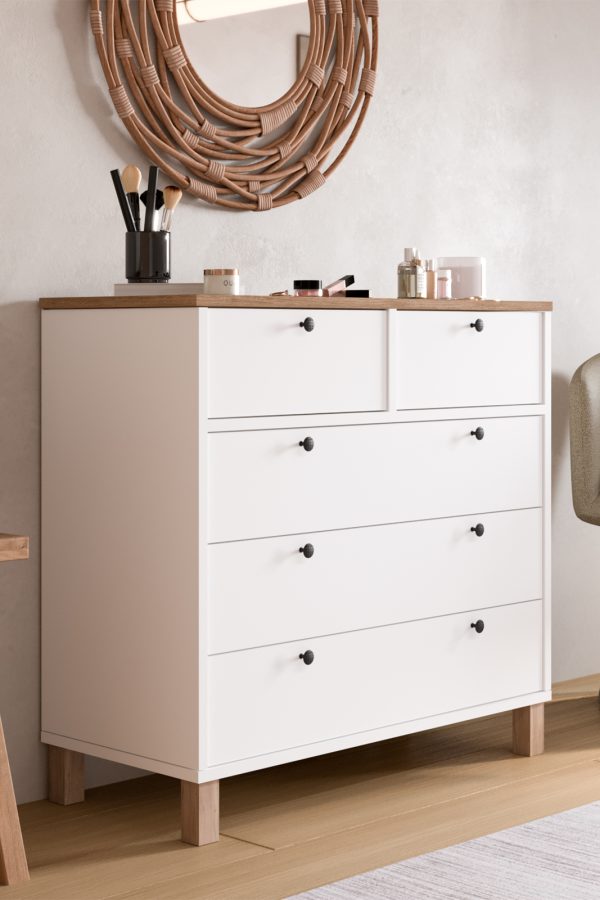 Nord Şifonyer 5 Çekmece Ahşap Ayaklı Sepet-Beyaz ND3-SW