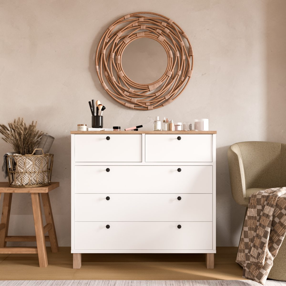 Nord Şifonyer 5 Çekmece Ahşap Ayaklı Sepet-Beyaz ND3-SW