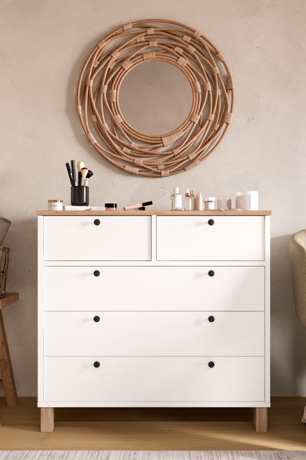 Nord Şifonyer 5 Çekmece Ahşap Ayaklı Sepet-Beyaz ND3-SW