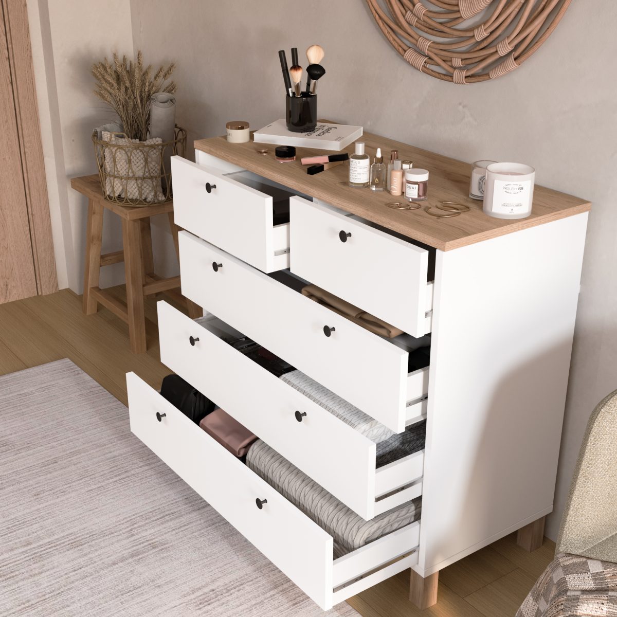 Nord Şifonyer 5 Çekmece Ahşap Ayaklı Sepet-Beyaz ND3-SW