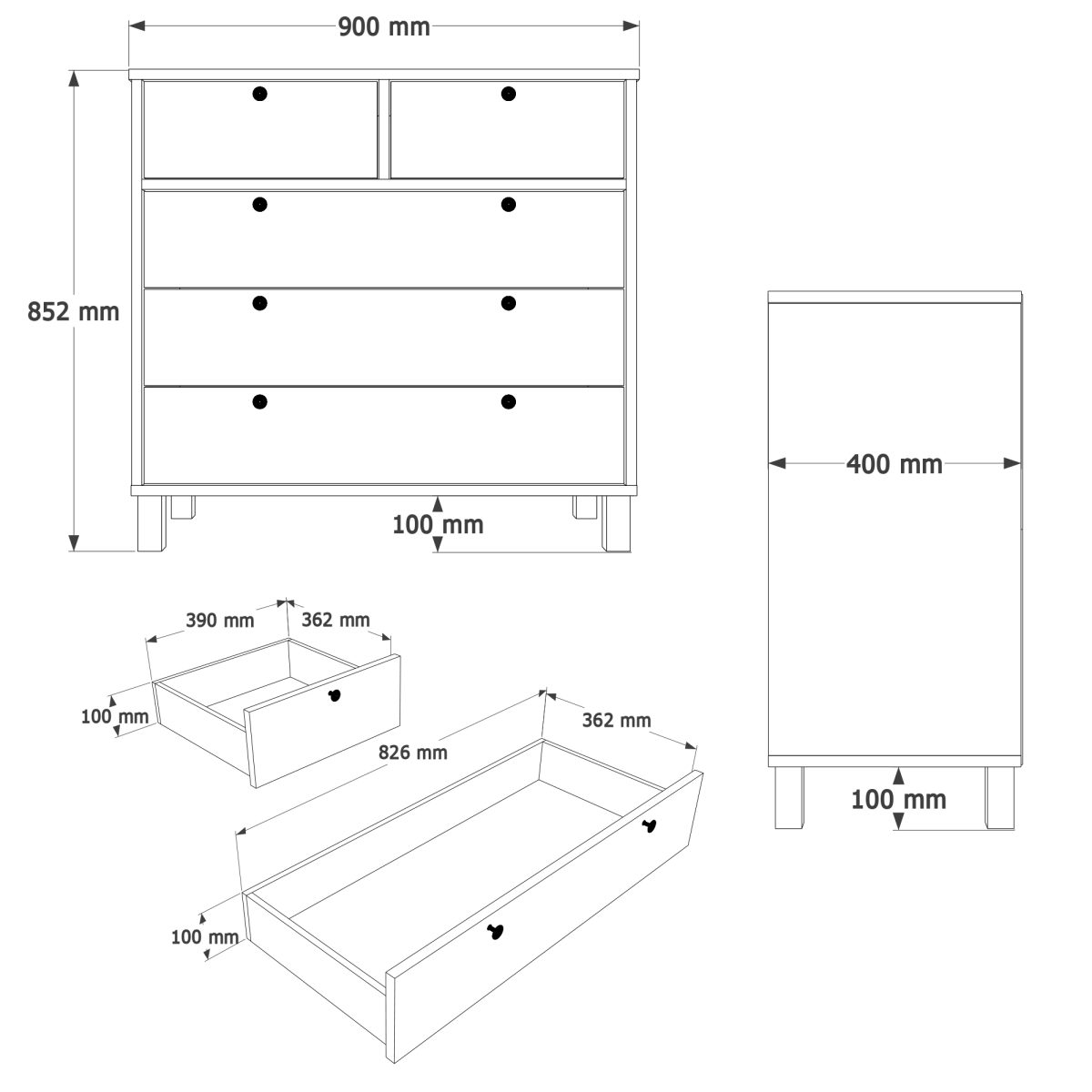 Nord Şifonyer 5 Çekmece Ahşap Ayaklı Sepet-Beyaz ND3-SW