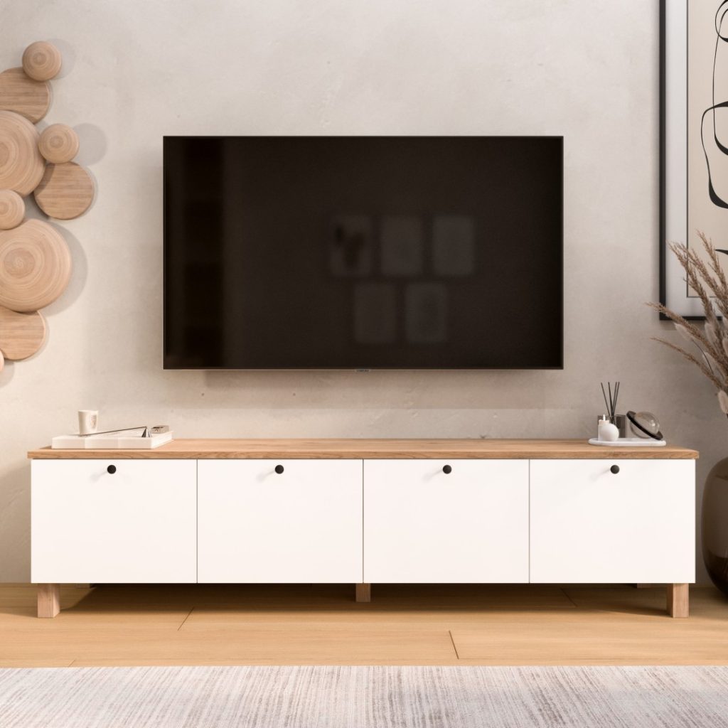 Nord Tv Ünitesi Sehpası 4 Kapaklı Ahşap Ayaklı 180cm Sepet-Beyaz ND7-SW