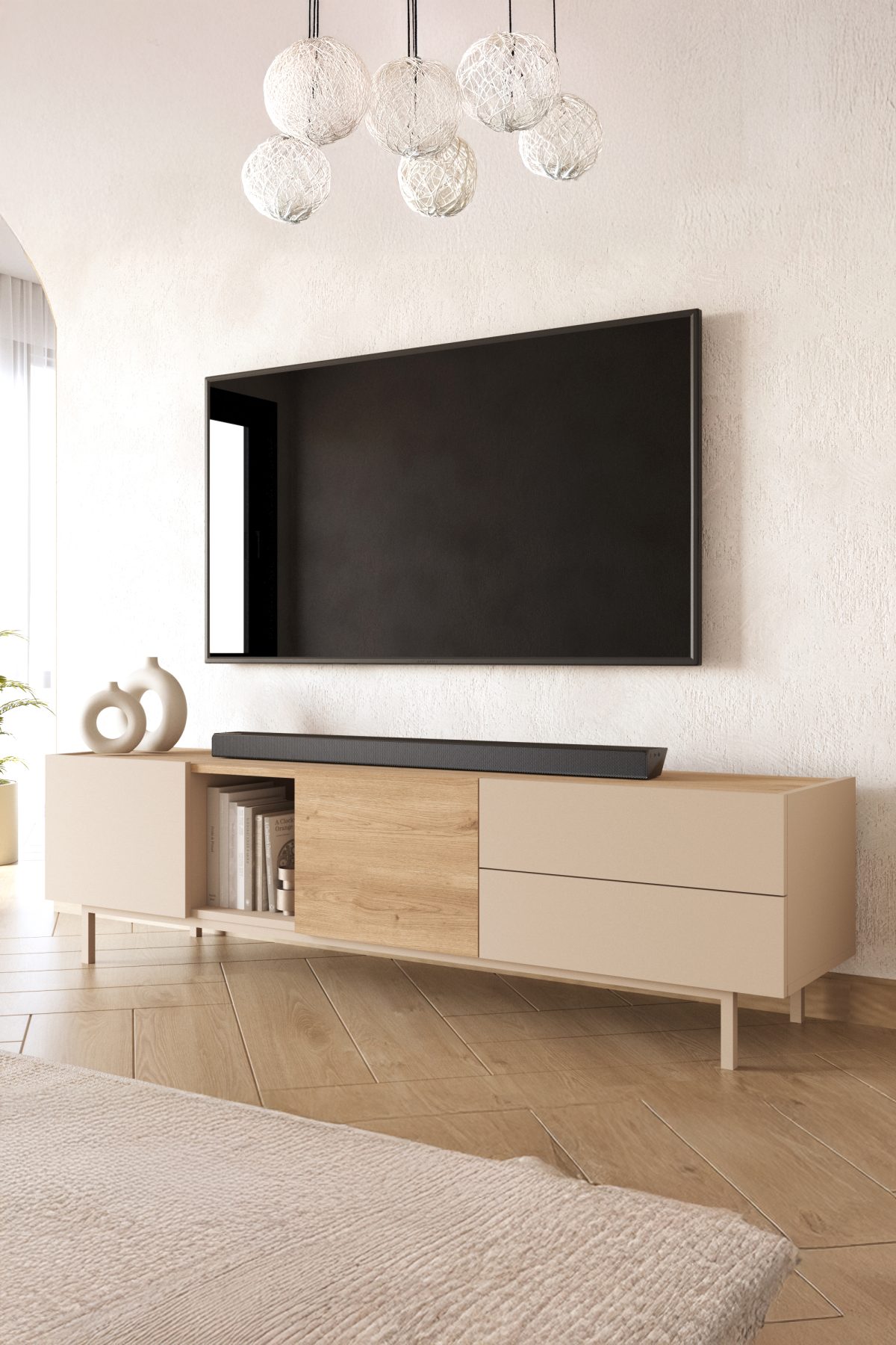 Sedra Tv Ünitesi Sehpası 2 Kapaklı 2 Geniş Çekmeceli Ahşap Ayaklı 180cm Kumsal-Sepet SD1-CS