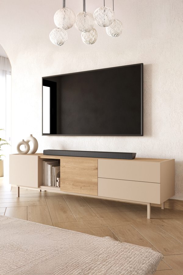 Sedra Tv Ünitesi Sehpası 2 Kapaklı 2 Geniş Çekmeceli Ahşap Ayaklı 180cm Kumsal-Sepet SD1-CS