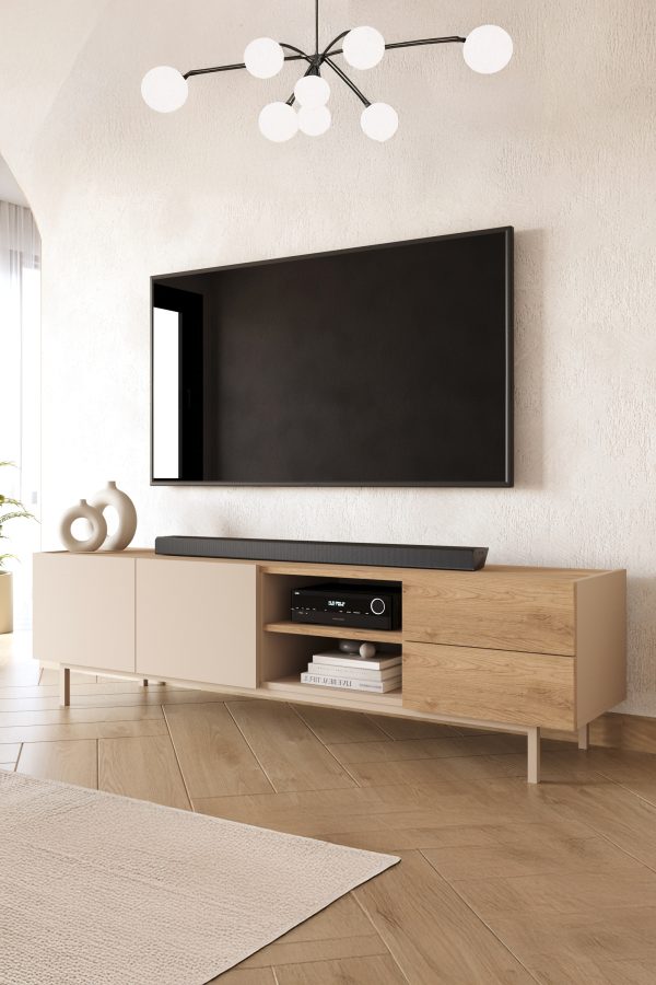 Sedra Tv Ünitesi Sehpası 2 Kapaklı 2 Çekmeceli Ahşap Ayaklı 180cm Kumsal-Sepet SD2-CS