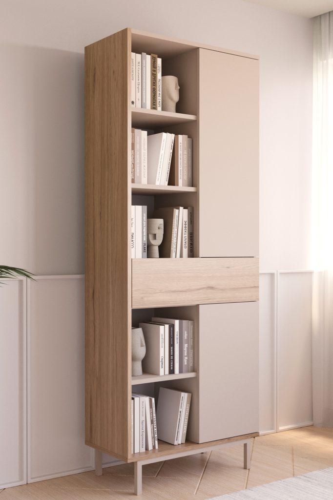 Sedra Kitaplık Raf Ahşap Ayaklı 189cm 2 Kapaklı Çekmeceli Kumsal-Sepet SD7-CS