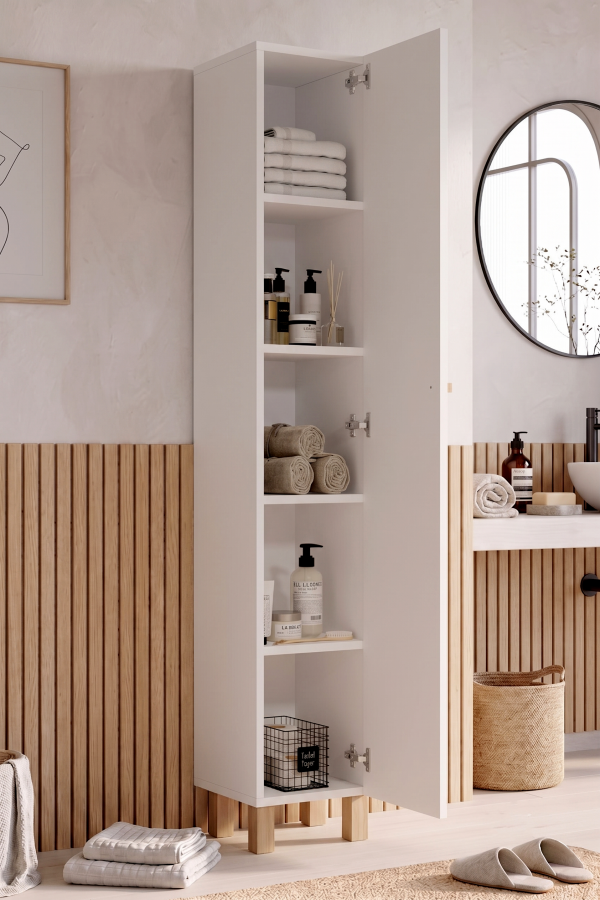 Oslo Tek Kapaklı Ahşap Ayaklı Çok Amaçlı Banyo Boy Dolabı Dar Alan Düzenleyici Beyaz OL5-W