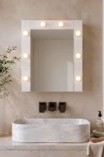 Yoda Led Işıklı Aynalı Kapaklı Banyo Dolabı Lavabo Üstü Dolap Beyaz 56x64x14 YD7-W