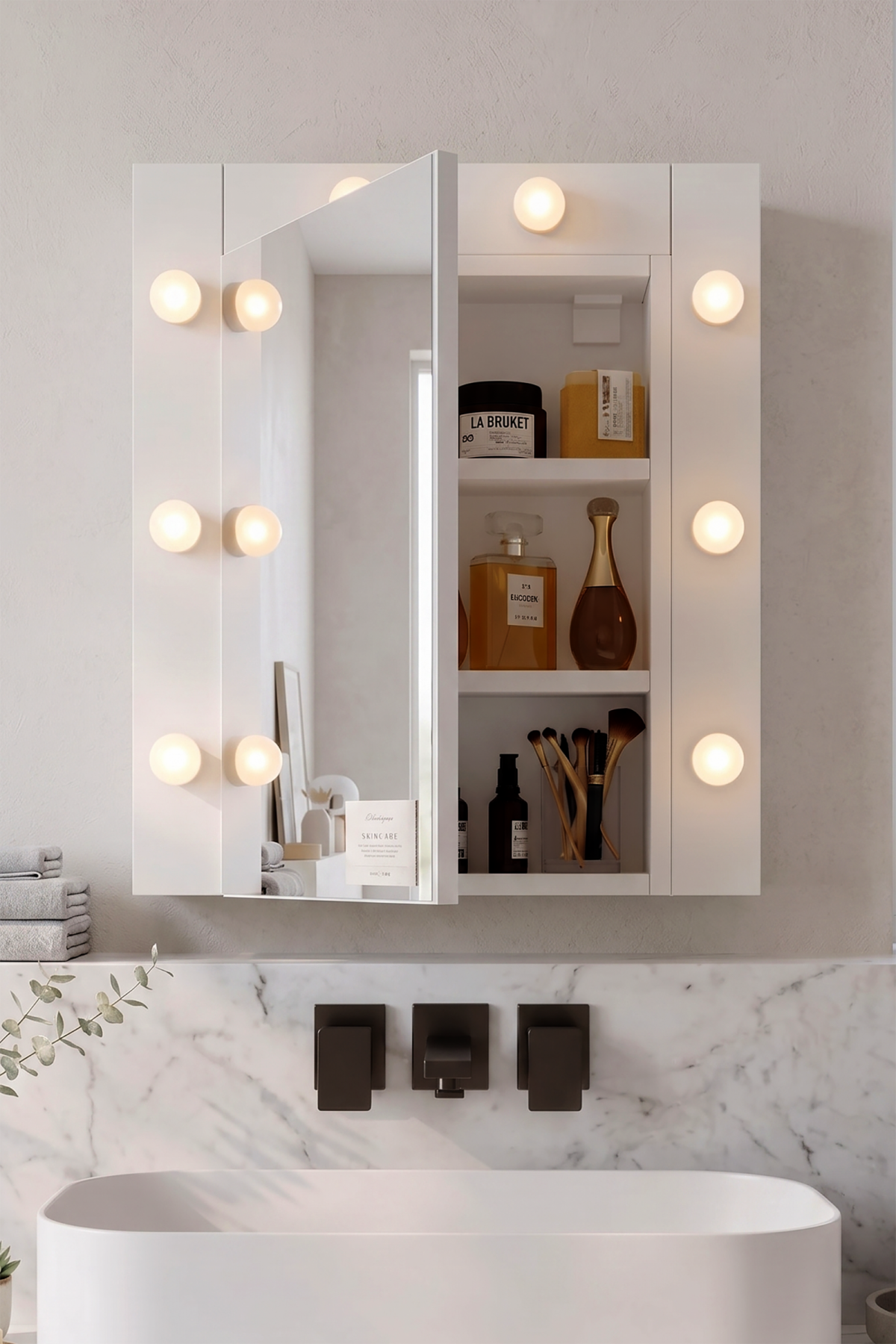 Yoda Led Işıklı Aynalı Kapaklı Banyo Dolabı Lavabo Üstü Dolap Beyaz 56x64x14 YD7-W