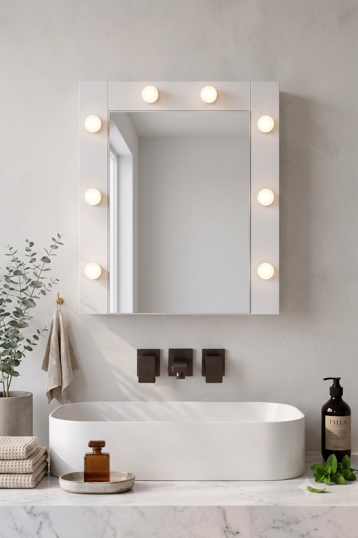 Yoda Led Işıklı Aynalı Kapaklı Banyo Dolabı Lavabo Üstü Dolap Beyaz 56x64x14 YD7-W