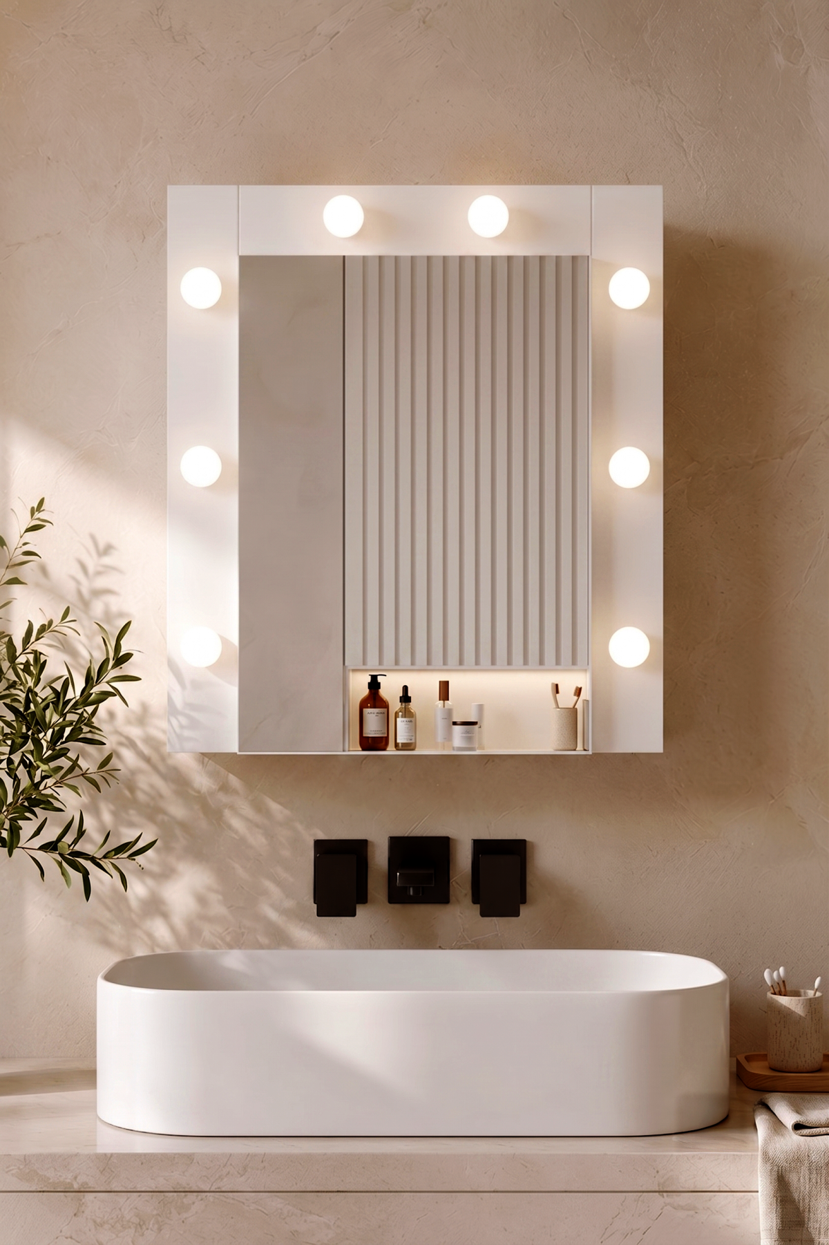 Yoda Led Işıklı Aynalı Kapaklı Banyo Dolabı Lavabo Üstü Dolap Beyaz 56x64x14 YD7-W