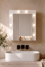 Yoda Led Işıklı Aynalı Kapaklı Banyo Dolabı Lavabo Üstü Dolap Beyaz 56x64x14 YD7-W