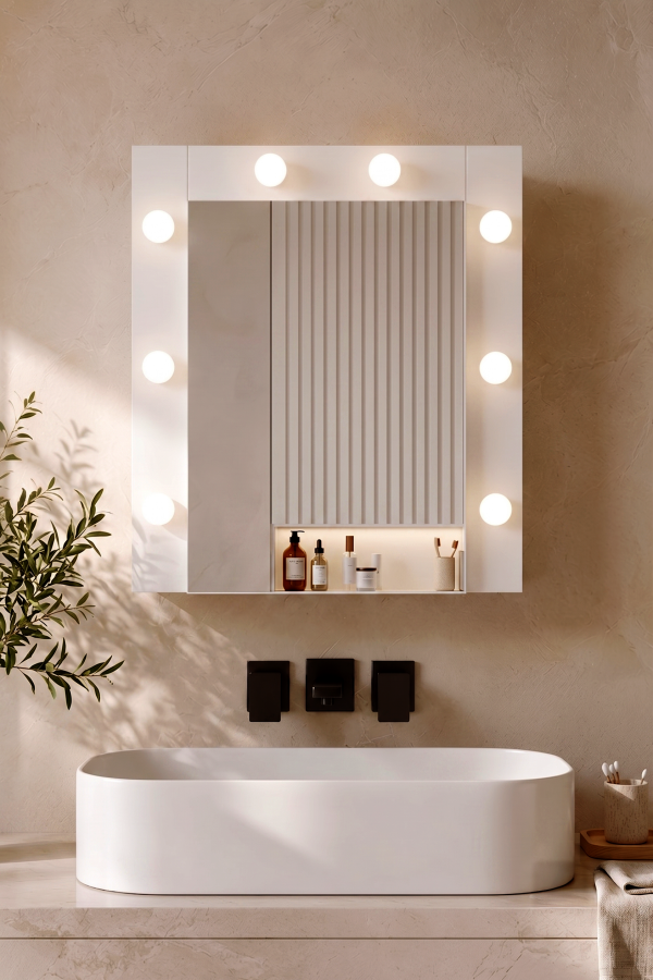 Yoda Led Işıklı Aynalı Kapaklı Banyo Dolabı Lavabo Üstü Dolap Beyaz 56x64x14 YD7-W