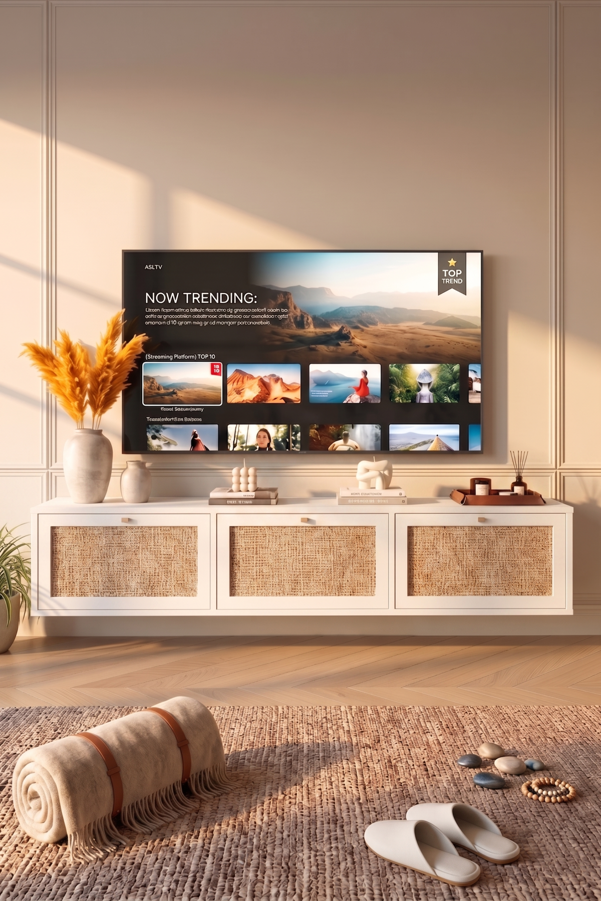 Dune Tv Ünitesi Sehpası Duvara Monte 3 Ahşap Jüt Kapaklı 180cm Beyaz-Jüt DN1-WJ