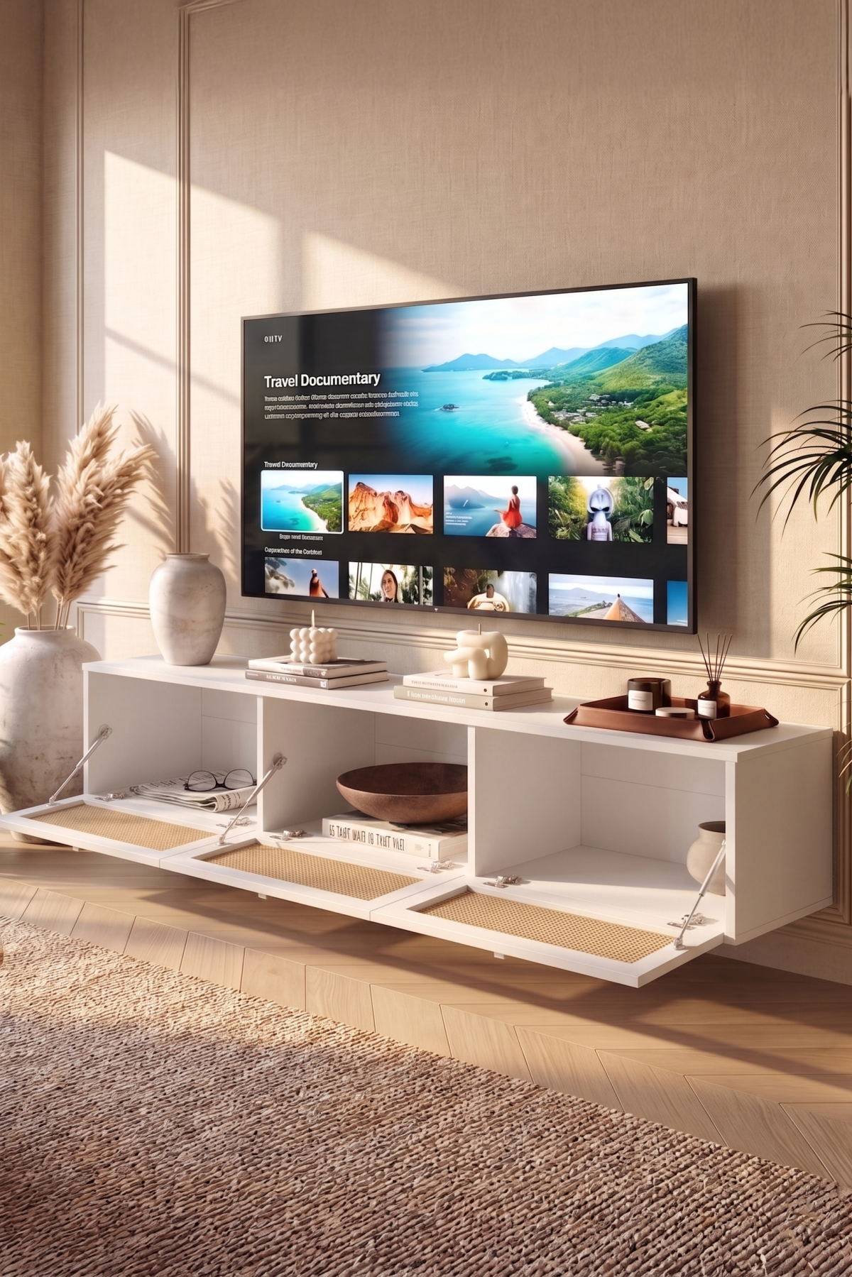 Dune Tv Ünitesi Sehpası Duvara Monte 3 Ahşap Jüt Kapaklı 180cm Beyaz-Jüt DN1-WJ