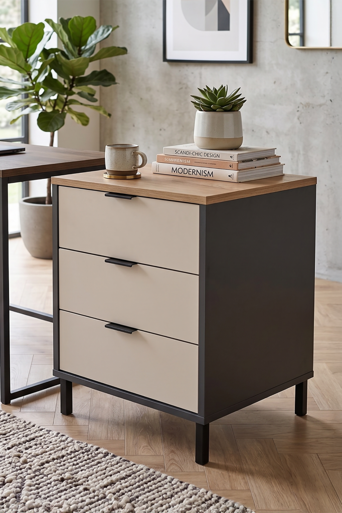 Motto 52x45 cm 3 Çekmeceli Ofis Keson Komodin Metal Ayaklı Sepet-Kumsal-Antrasit MT3-CSA