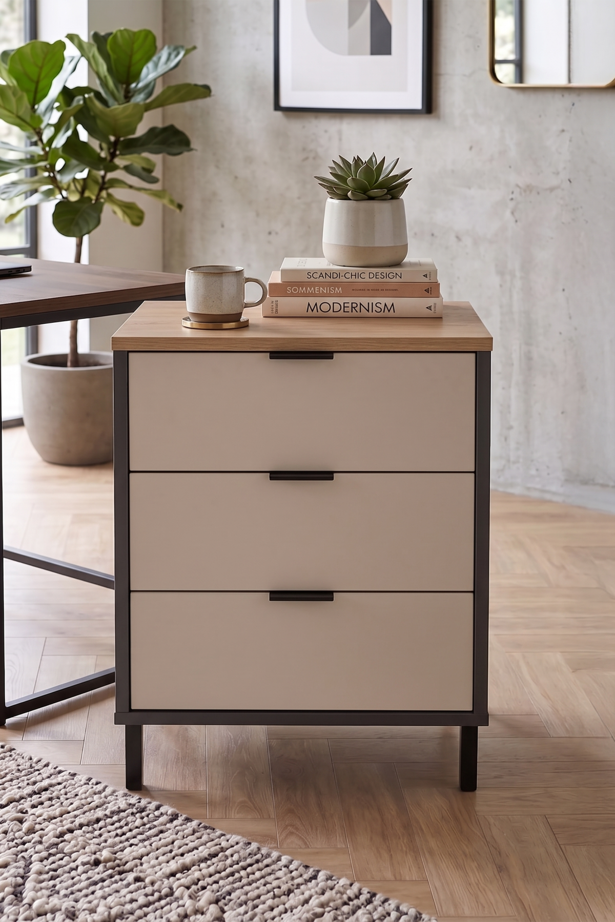 Motto 52x45 cm 3 Çekmeceli Ofis Keson Komodin Metal Ayaklı Sepet-Kumsal-Antrasit MT3-CSA