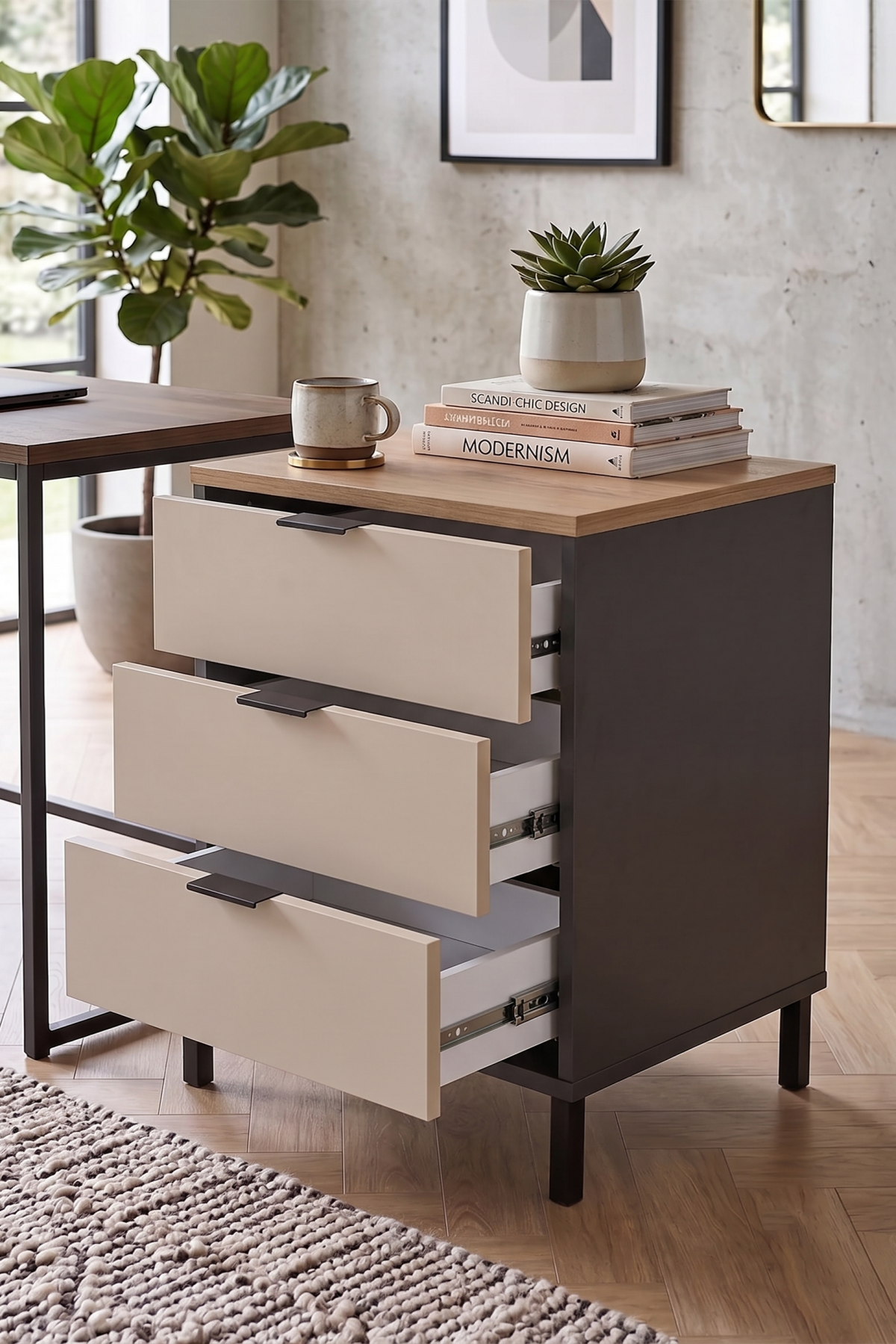 Motto 52x45 cm 3 Çekmeceli Ofis Keson Komodin Metal Ayaklı Sepet-Kumsal-Antrasit MT3-CSA