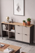 Motto 147x35 cm Ofis Dolabı Klasör Dolabı Konsol Çok Amaçlı Dolap Metal Ayaklı Sepet-Kumsal-Antrasit MT4-CSA
