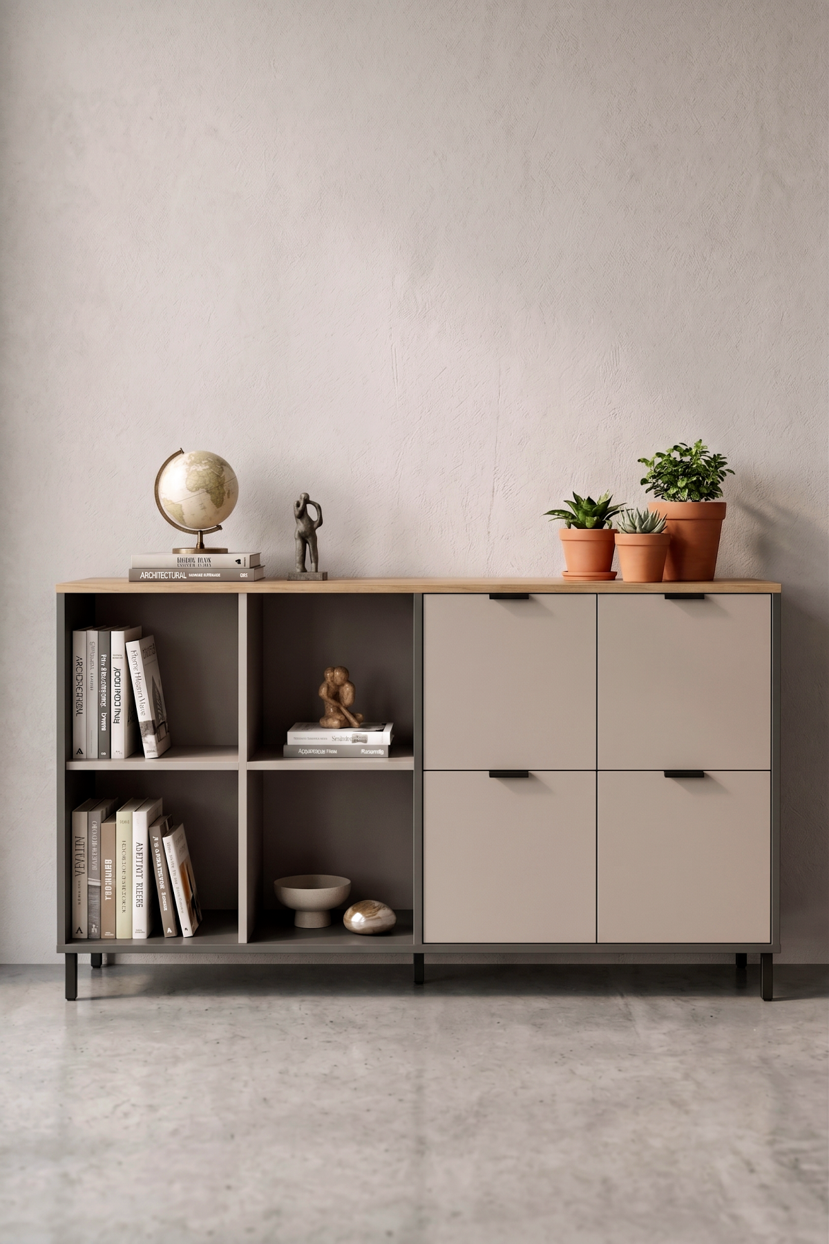 Motto 147x35 cm Ofis Dolabı Klasör Dolabı Konsol Çok Amaçlı Dolap Metal Ayaklı Sepet-Kumsal-Antrasit MT4-CSA
