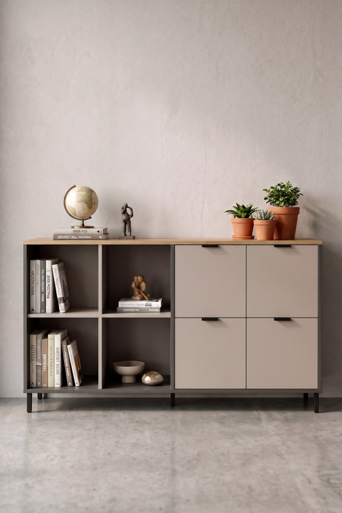 Motto 147x35 cm Ofis Dolabı Klasör Dolabı Konsol Çok Amaçlı Dolap Metal Ayaklı Sepet-Kumsal-Antrasit MT4-CSA