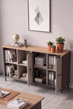 Motto 147x35 cm Ofis Dolabı Klasör Dolabı Konsol Çok Amaçlı Dolap Metal Ayaklı Sepet-Kumsal-Antrasit MT4-CSA