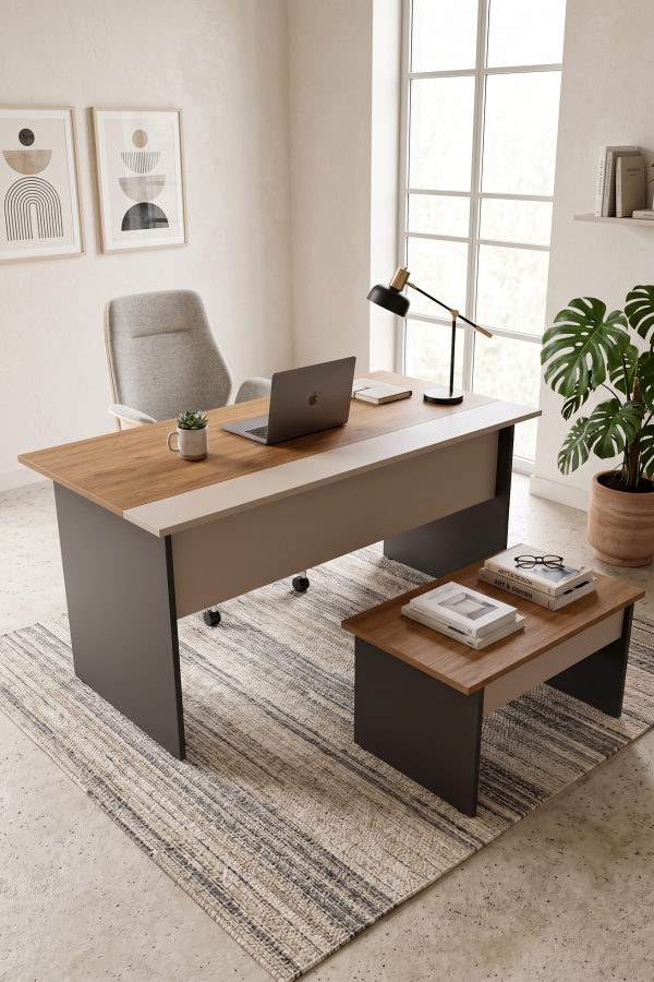 Motto Yönetici Ofis Takımı 147x77 cm 2 Parça Ofis Masası Sehpa Sepet-Kumsal-Antrasit MT5-CSA
