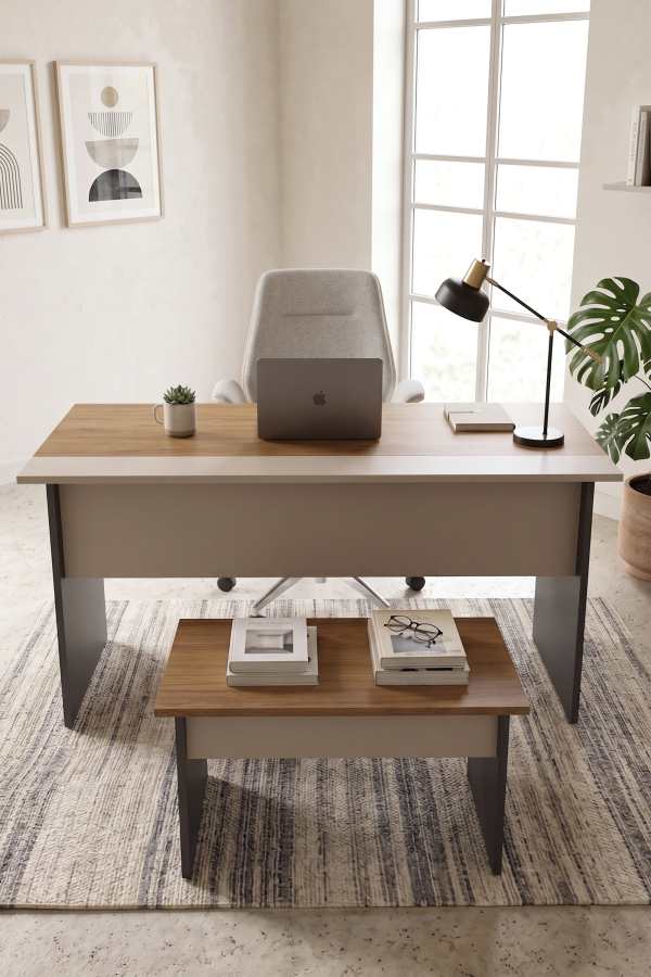 Motto Yönetici Ofis Takımı 147x77 cm 2 Parça Ofis Masası Sehpa Sepet-Kumsal-Antrasit MT5-CSA