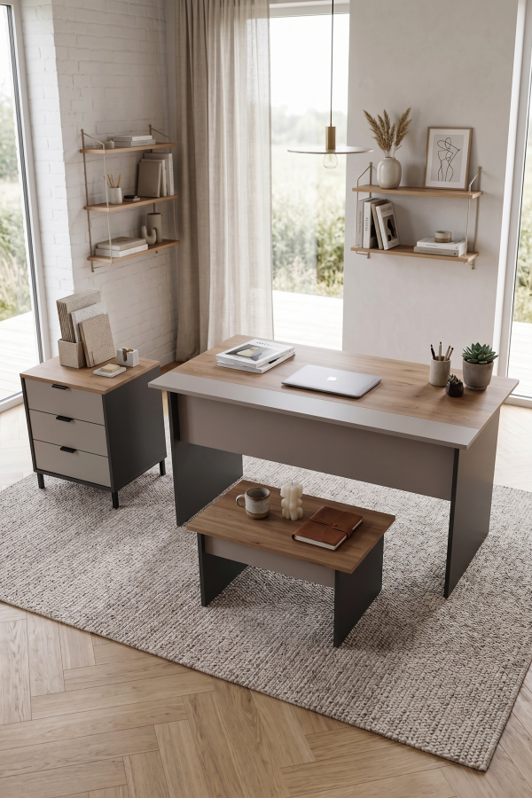 Motto Yönetici Ofis Takımı 147x77 cm Ofis Masası Sehpa Keson 3 Parça Sepet-Kumsal-Antrasit MT6-CSA