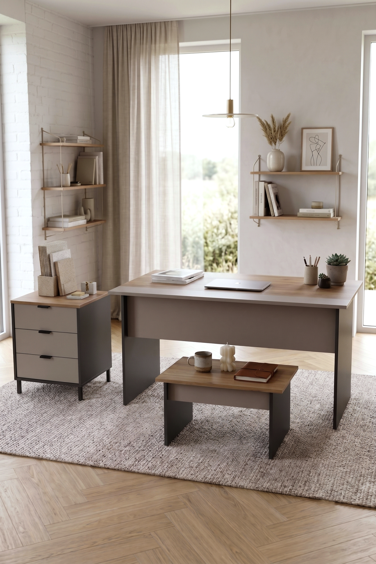 Motto Yönetici Ofis Takımı 147x77 cm Ofis Masası Sehpa Keson 3 Parça Sepet-Kumsal-Antrasit MT6-CSA