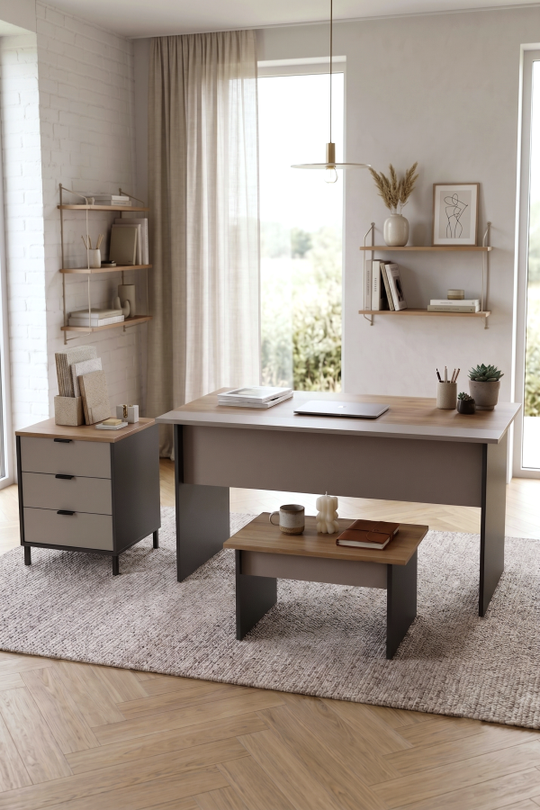 Motto Yönetici Ofis Takımı 147x77 cm Ofis Masası Sehpa Keson 3 Parça Sepet-Kumsal-Antrasit MT6-CSA