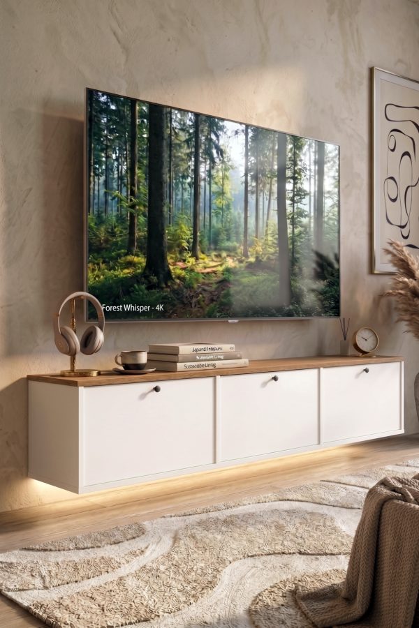 Yoda Temperli Cam Kapaklı Neon Led Işıklı Tv Ünitesi Tv Sehpası Vitrin Ahşap Ayaklı Sepet-Beyaz YD14-SW