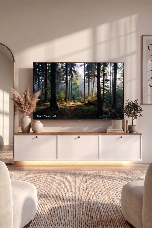 Yoda Temperli Cam Kapaklı Neon Led Işıklı Tv Ünitesi Tv Sehpası Vitrin Ahşap Ayaklı Sepet-Beyaz YD14-SW