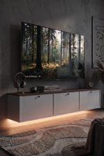 Yoda Temperli Cam Kapaklı Neon Led Işıklı Tv Ünitesi Tv Sehpası Vitrin Ahşap Ayaklı Sepet-Beyaz YD14-SW