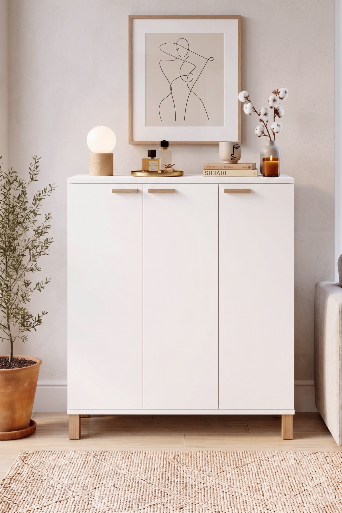 Oslo Ahşap Ayaklı 10 Raflı 3 Kapaklı Çok Amaçlı Dolap Ayakkabılık Dresuar 20 Çift Ayakkabı Beyaz OL11-W