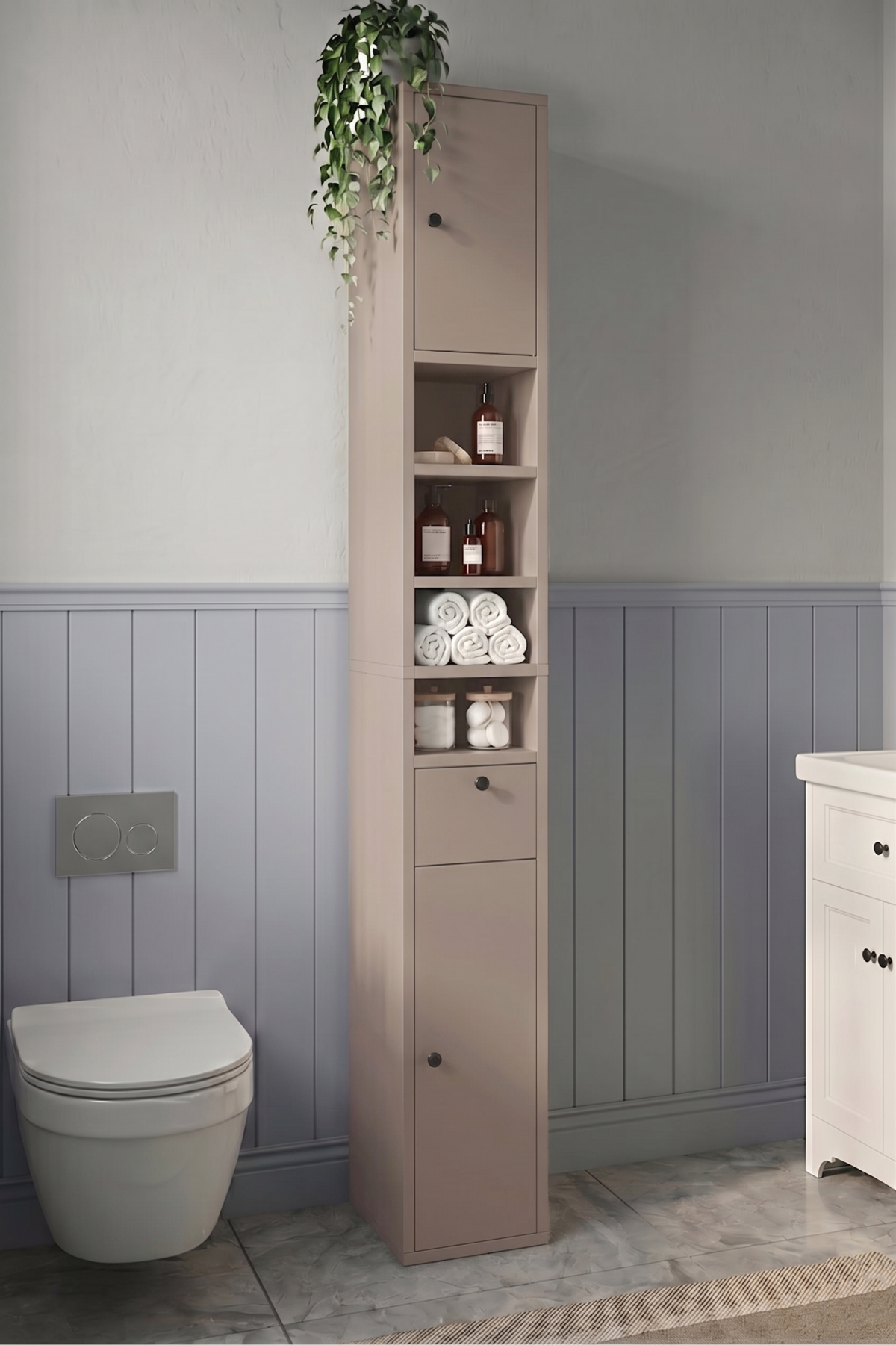Riva 25X25cm Ekstra Dar Alan Banyo Dolabı Çok Amaçlı Dolap 2 Kapaklı Çekmeceli Raflı Kumsal RV1-CO