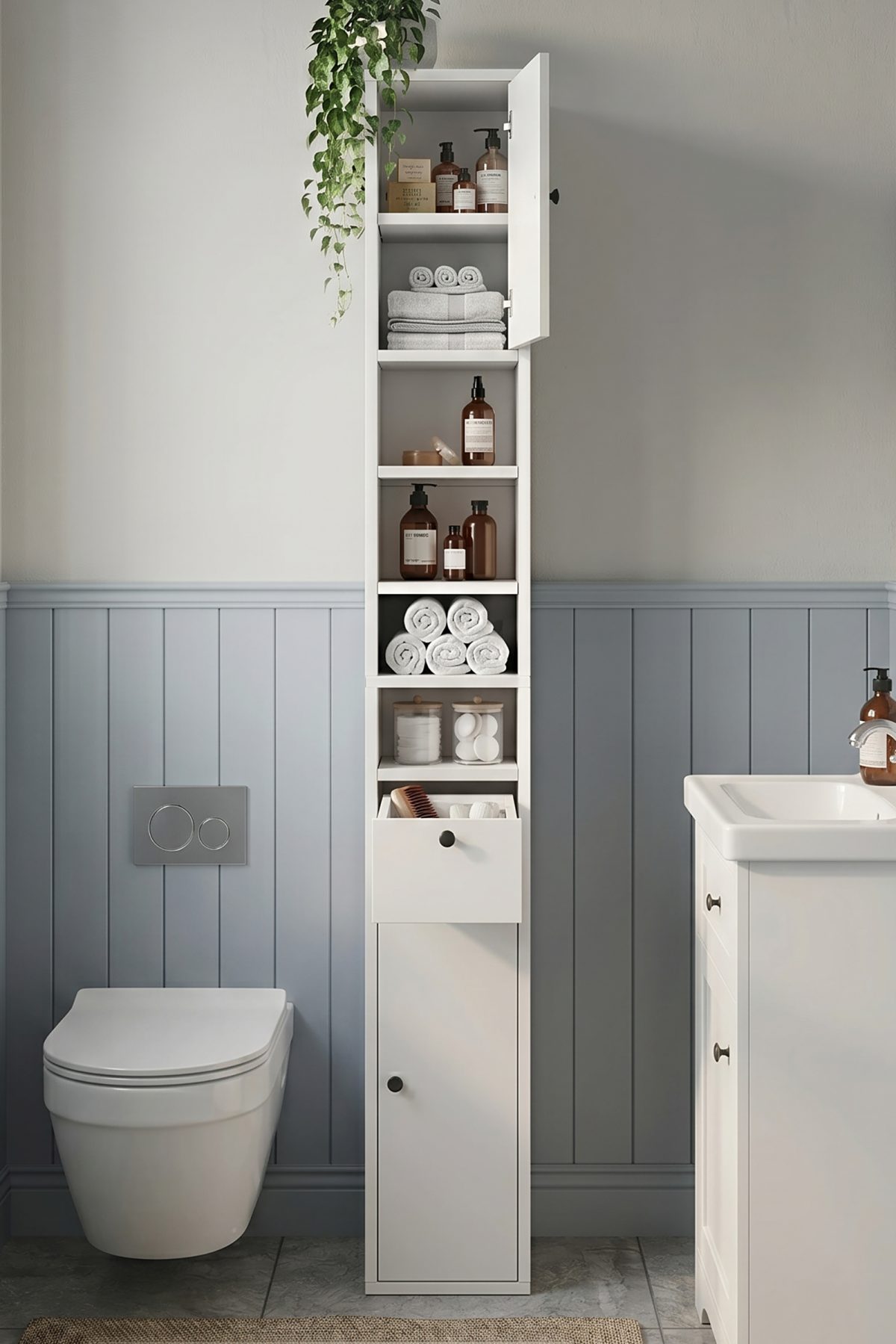 Riva 25X25cm Ekstra Dar Alan Banyo Dolabı Çok Amaçlı Dolap 2 Kapaklı Çekmeceli Raflı Sepet RV1-S