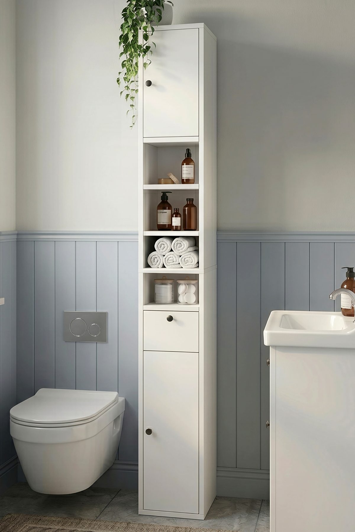 Riva 25X25cm Ekstra Dar Alan Banyo Dolabı Çok Amaçlı Dolap 2 Kapaklı Çekmeceli Raflı Sepet RV1-S