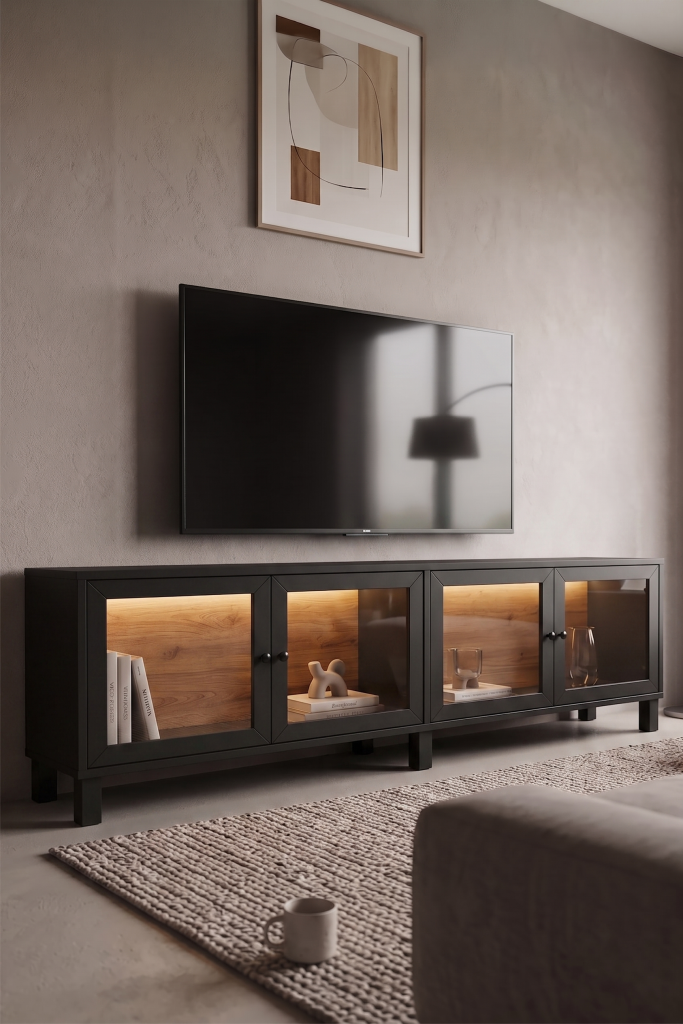 Yoda Temperli Cam Kapaklı Neon Led Işıklı Tv Ünitesi Tv Sehpası Vitrin Ahşap Ayaklı Siyah YD14-SB