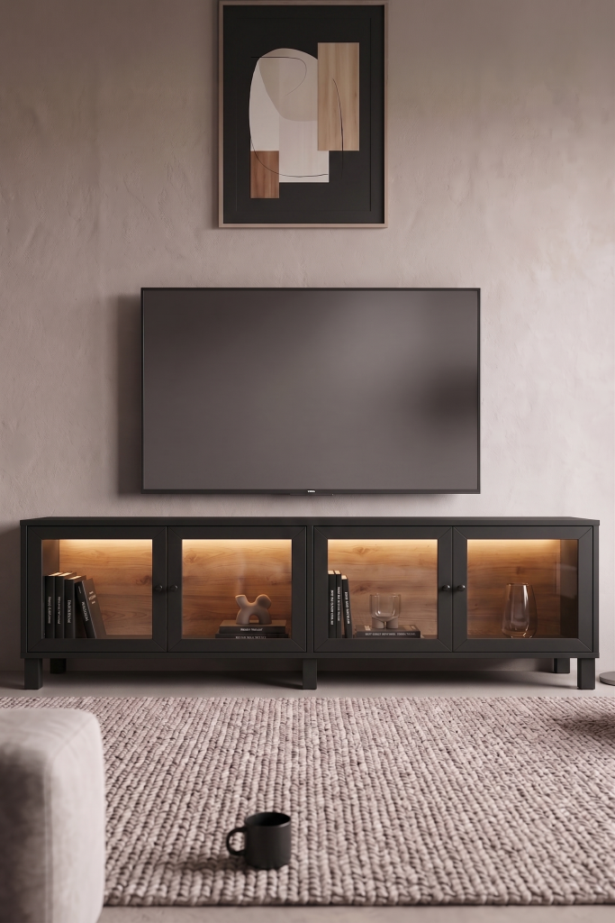 Yoda Temperli Cam Kapaklı Neon Led Işıklı Tv Ünitesi Tv Sehpası Vitrin Ahşap Ayaklı Siyah YD14-SB